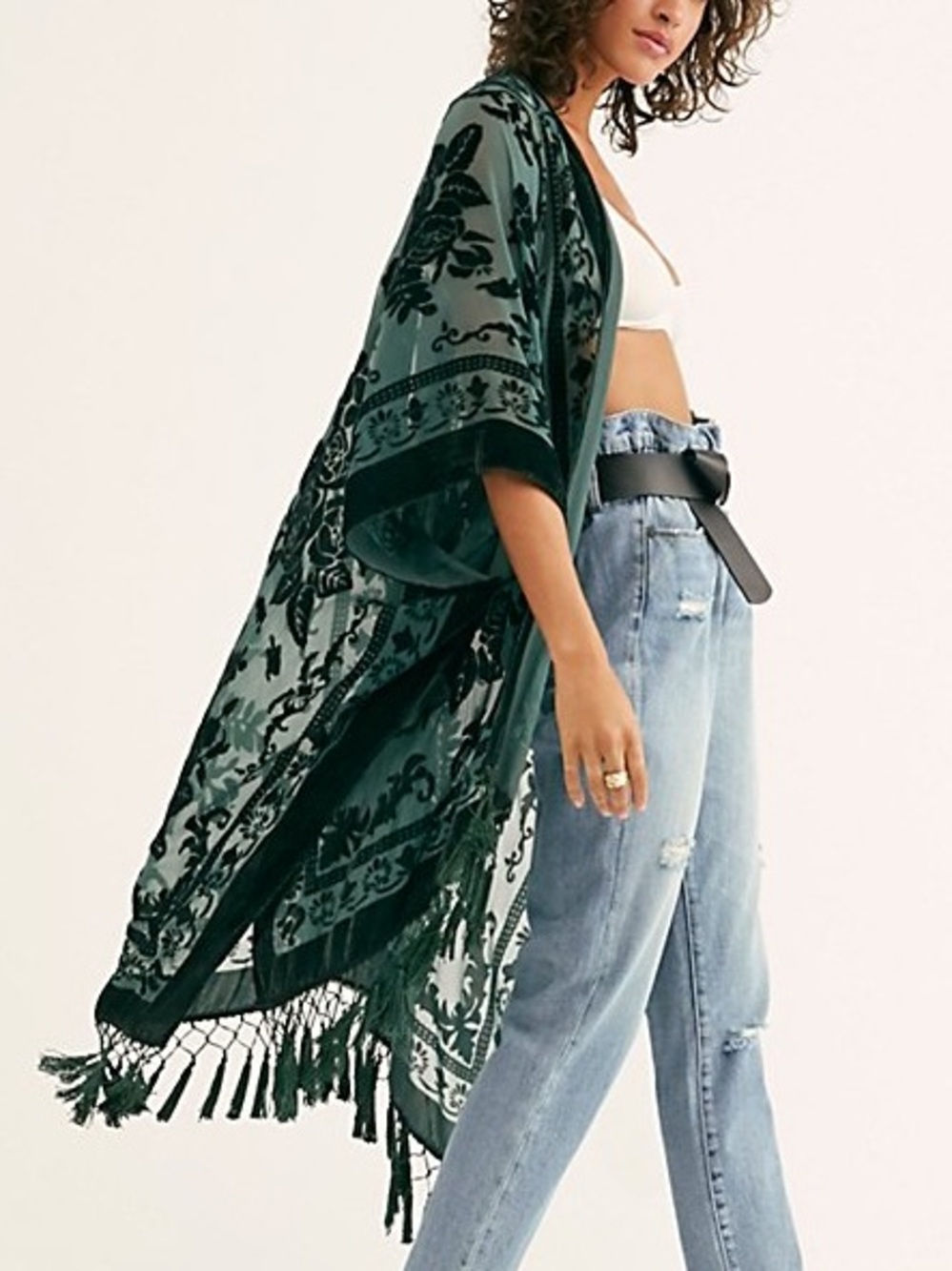 NEW Free People Nightbird Velvet Burnout Fringe Kimono Color Jade Green One Size